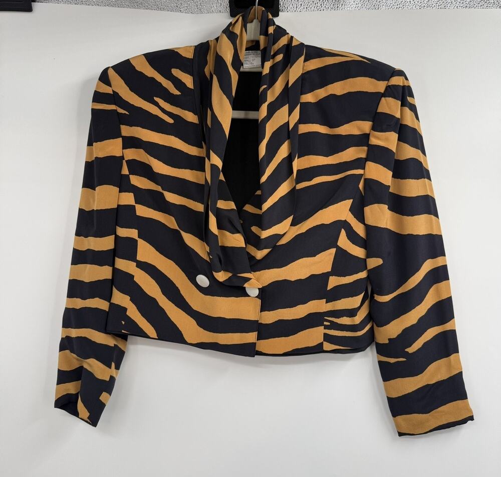 Vintage Tiger Stripe Silk Jacket Women 8 Black Brown Cropped Draped Shawl Blazer